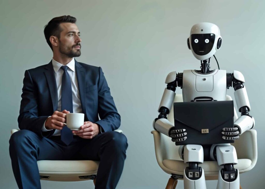 Businessman, AI robot sit in waiting room for job interview. Man holds coffee cup, stares thoughtfully. Robot holds briefcase. Analogy tobusiness process automation and human centered design concepts.